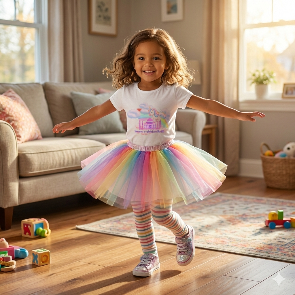 Young girl wearing unicorns are global like me design t shirt and rainbow tutu. She is dancing in her living room.